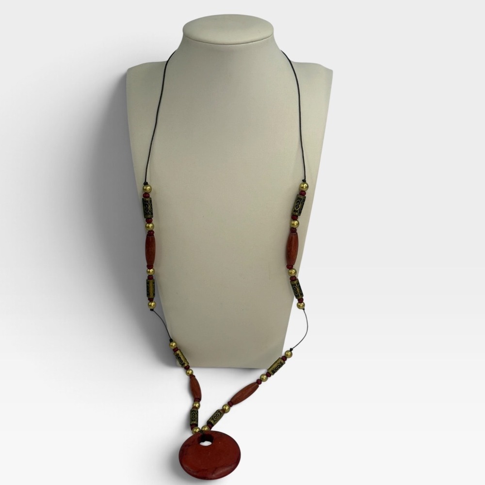 Boho Red Stone Donut Pendant Necklace Wood & Brass-Tone Beads Long Western Y2K